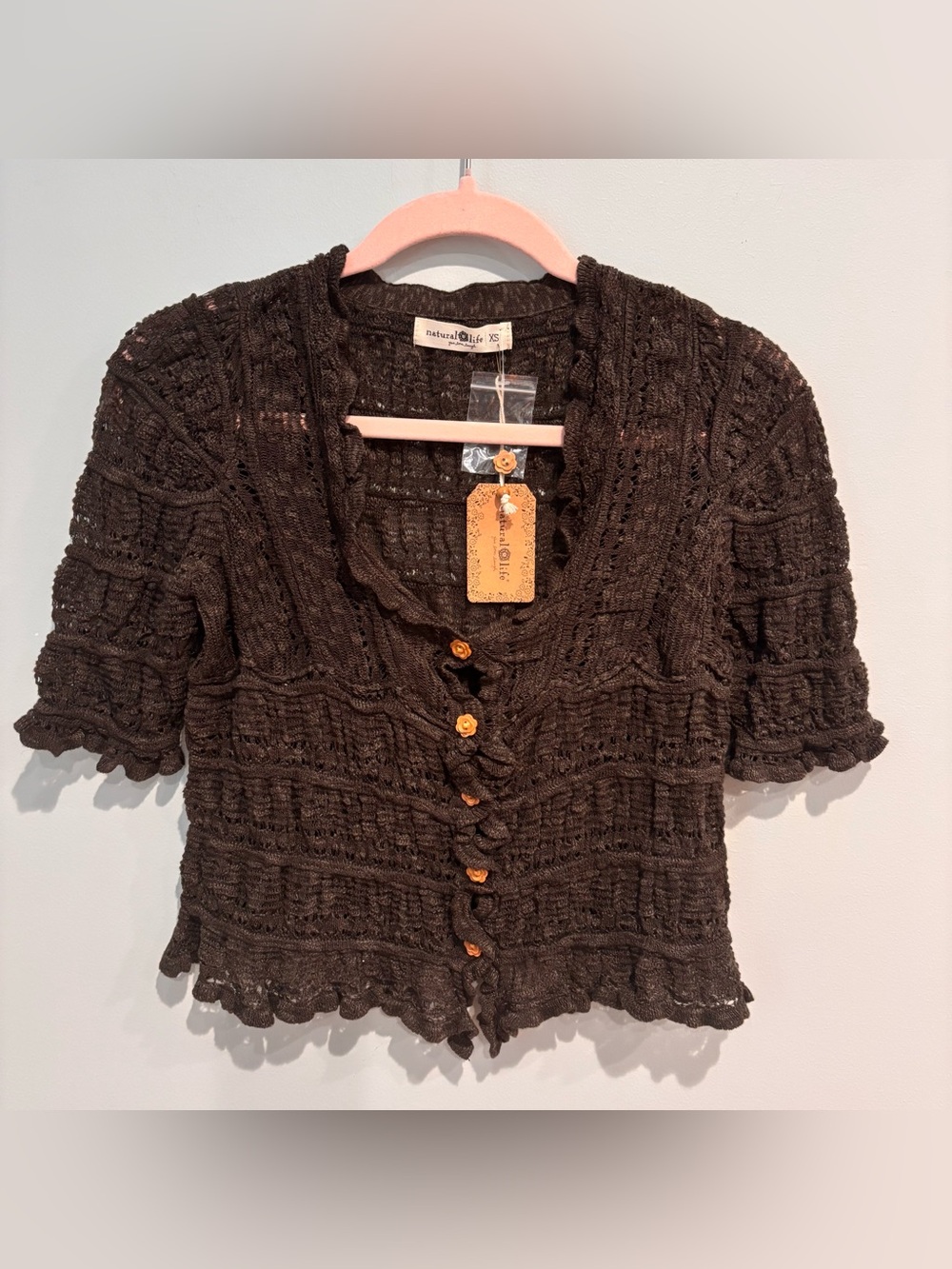 NWT Natural Life Crochet Ruffle Open-Knit Cardigan Brown Size XS